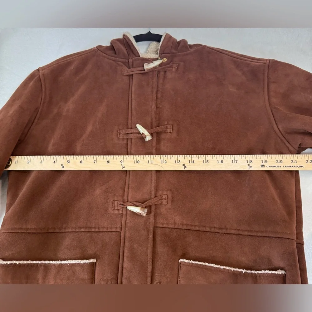 Ralph Lauren Duffle Coat Petite Medium Brown Faux Suede Sherpa Lined Hood Toggl